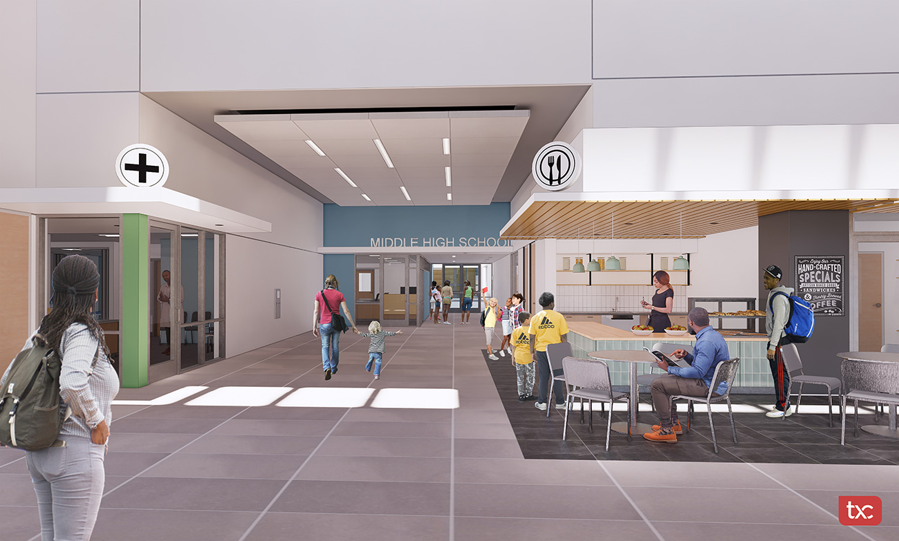 Winooski School District Capital Campaign rendering of cafe and lobby by TruexCullins