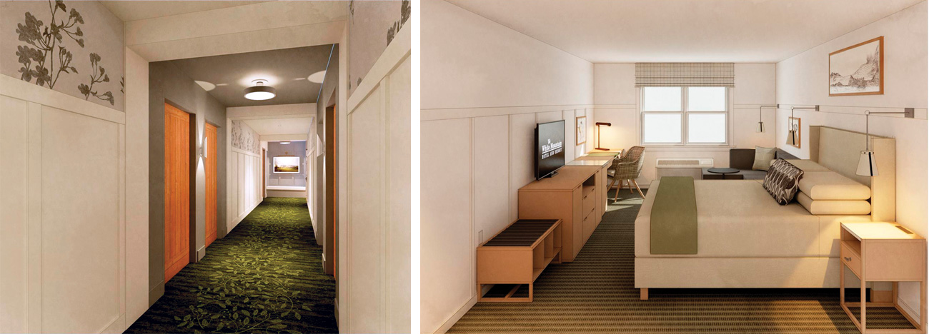 White Mountain Hotel corridor and guestroom renderings